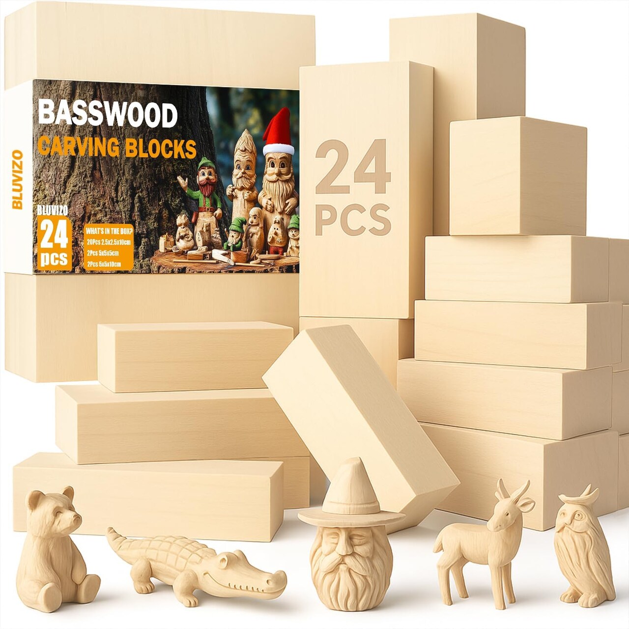 Carving Blocks 24PCS – Whittling Wood Blocks Wood Carving Kit with 3 Sizes | Soft Basswood Blanks for Crafts, Whittling, Beginners, Kids & Adults